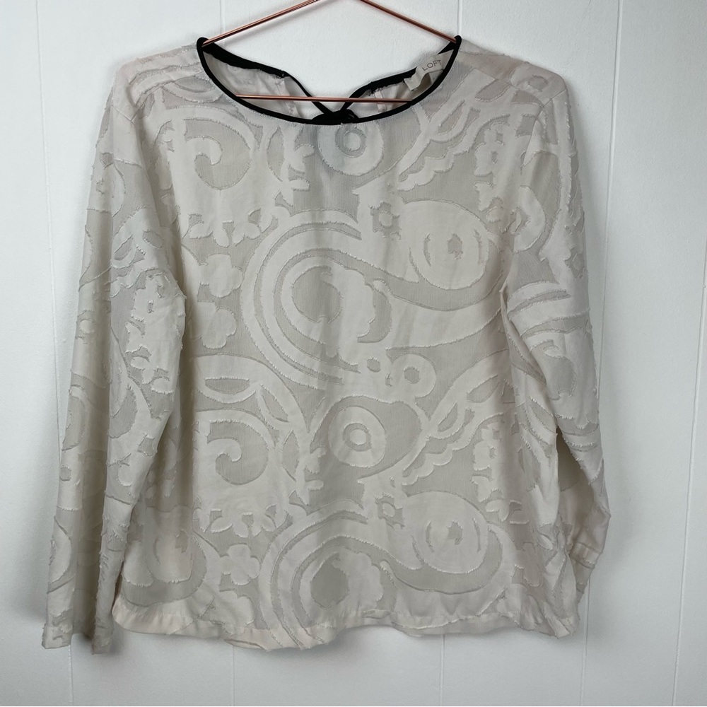 LOFT Black Trim Long Sleeve Ivory Blouse Top